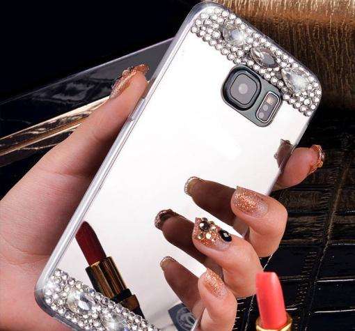 Луксозен силиконов калъф / гръб / TPU с камъни за Samsung Galaxy S6 Edge G925 - огледален / сребрист