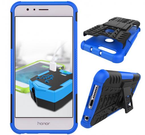Силиконов гръб TPU Hybrid с твърда част и стойка за Huawei Honor 8 - черен със синьо — снимка 2