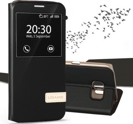 Луксозен кожен калъф тефтер S-View със стойка USAMS Muge Series за Samsung Galaxy S6 G920 - черен