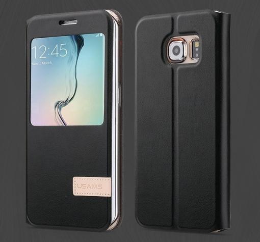 Луксозен кожен калъф тефтер S-View със стойка USAMS Muge Series за Samsung Galaxy S6 G920 - черен — снимка 2