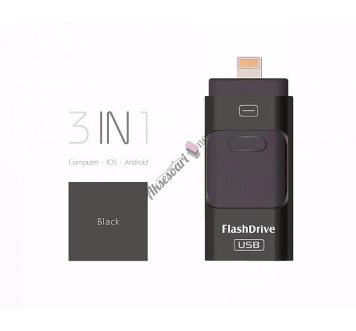 USB Flash Drive / USB флаш памет 3в1 за Apple iPhone / Android - 16 GB / черна — снимка 2