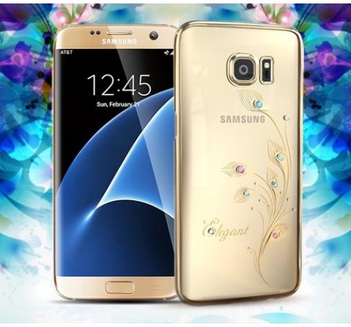 Луксозен твърд гръб KINGXBAR Swarovski Diamond за Samsung Galaxy S7 Edge G935 / Galaxy S7 Edge - прозрачен със златен кант / Elegant
