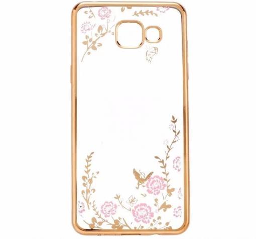Луксозен силиконов калъф / гръб / TPU с камъни за Samsung Galaxy A3 2016 A310 - розови цветя / златист кант — снимка 2