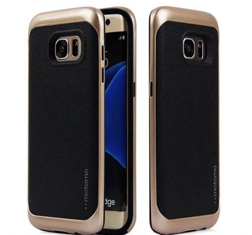 Луксозен твърд гръб MOTOMO Hybrid със силиконов кант за Samsung Galaxy S7 G930 - черен със златист кант / имитиращ кожа