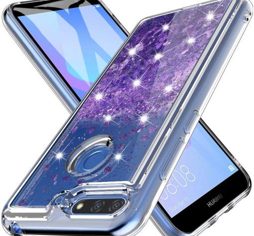 Луксозен твърд гръб 3D Water Case за Huawei Y7 2018 / Y7 2018 Prime - прозрачен / течен гръб с лилав брокат