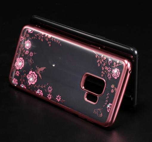 Луксозен силиконов калъф / гръб / TPU с камъни за Samsung Galaxy S9 Plus G965 - прозрачен / розови цветя / Rose Gold кант
