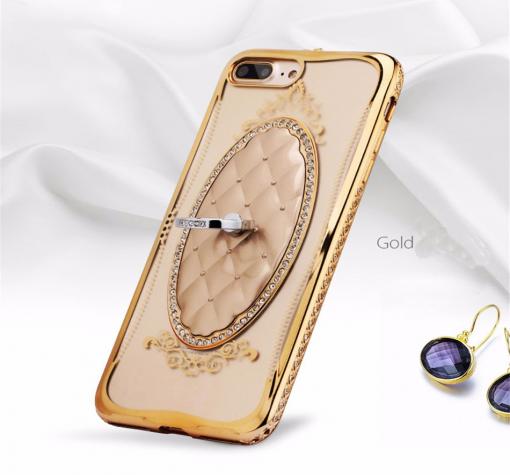 Луксозен силиконов калъф / гръб / със стойка TPU 3D SHENGO за Apple iPhone 7 Plus - ромбове / златист кант