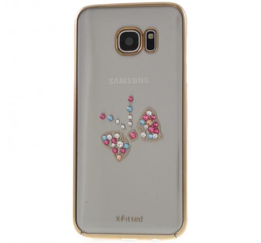 Луксозен твърд гръб X-FITTED Swarovski Diamond за Samsung Galaxy S7 Edge G935 - прозрачен със златист кант / цветна панделка — снимка 2