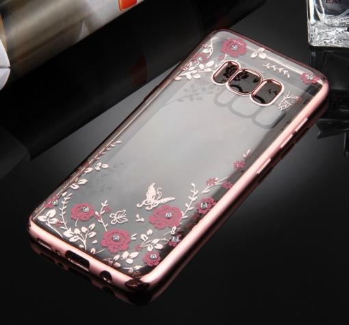 Луксозен силиконов калъф / гръб / TPU с камъни за Samsung Galaxy S8 Plus G955 - прозрачен / розови цветя / Rose Gold кант — снимка 3
