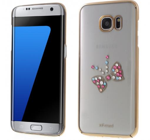 Луксозен твърд гръб X-FITTED Swarovski Diamond за Samsung Galaxy S7 Edge G935 - прозрачен със златист кант / цветна панделка