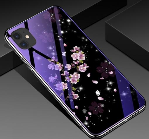 Луксозен стъклен твърд гръб със силиконов кант за Apple iPhone 11 Pro 5.8" - лилави цветя