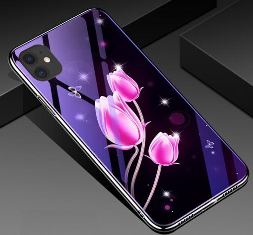 Луксозен стъклен твърд гръб със силиконов кант за Apple iPhone 11 Pro 5.8" - розови лалета