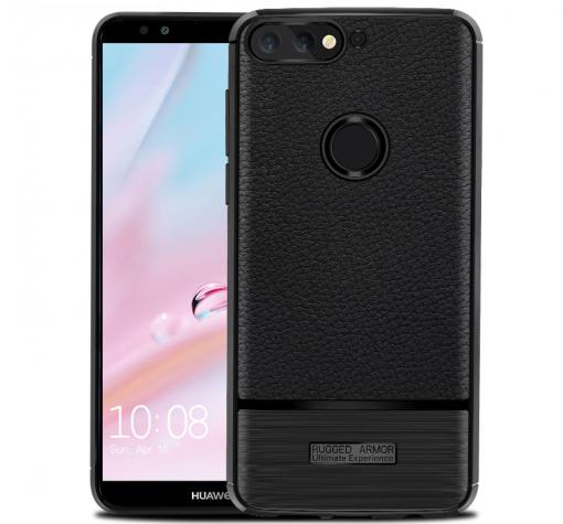 Луксозен силиконов калъф / гръб / TPU за Huawei Y7 2018 - черен / имитиращ кожа / Rugged Armor
