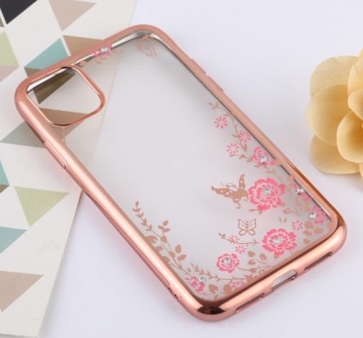 Луксозен силиконов калъф / гръб / TPU с камъни за Apple iPhone 11 6.1" - прозрачен / розови цветя / Rose Gold кант