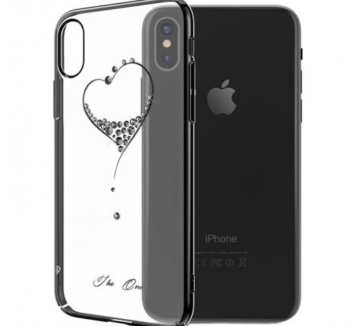 Луксозен твърд гръб KINGXBAR Swarovski Diamond за Apple iPhone XS Max - прозрачен / черен кант / сърце