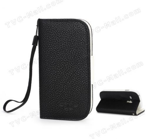 Кожен калъф тефтер със стойка за Samsung Galaxy S3 mini i8190 / SIII Mini I8190 - черен с бяло