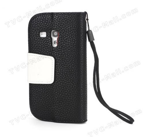 Кожен калъф тефтер със стойка за Samsung Galaxy S3 mini i8190 / SIII Mini I8190 - черен с бяло — снимка 2