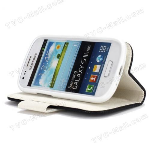 Кожен калъф тефтер със стойка за Samsung Galaxy S3 mini i8190 / SIII Mini I8190 - черен с бяло — снимка 4