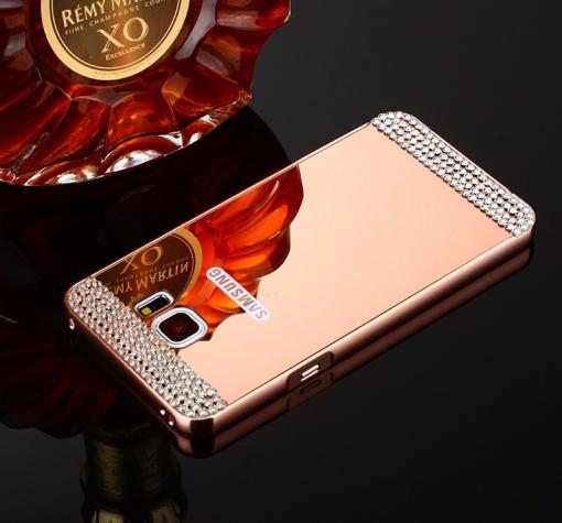 Луксозен алуминиев бъмпер с твърд гръб и камъни за Samsung Galaxy A3 2016 A310 - огледален / Rose Gold