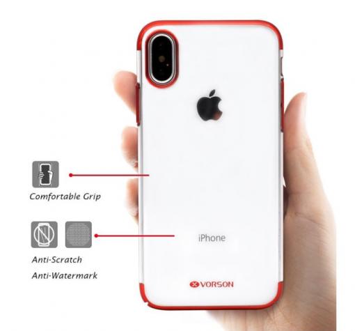Луксозен твърд гръб VORSON VC-054 за Apple iPhone X - прозрачен / червен кант — снимка 2