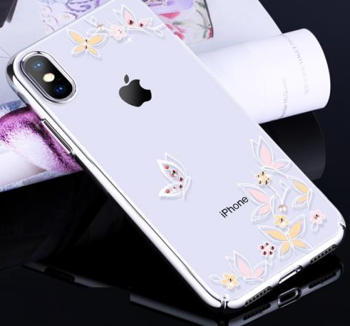 Луксозен твърд гръб KINGXBAR Swarovski Diamond за Apple iPhone X / iPhone XS - прозрачен / сребрист кант / цветя и пеперуди