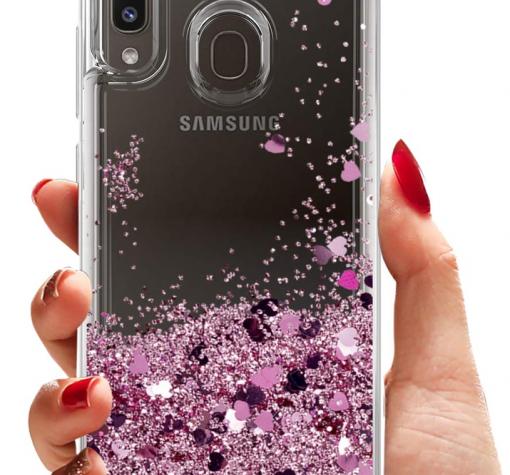Луксозен твърд гръб 3D Water Case за Samsung Galaxy A11 - прозрачен / течен гръб с брокат / сърца / розов