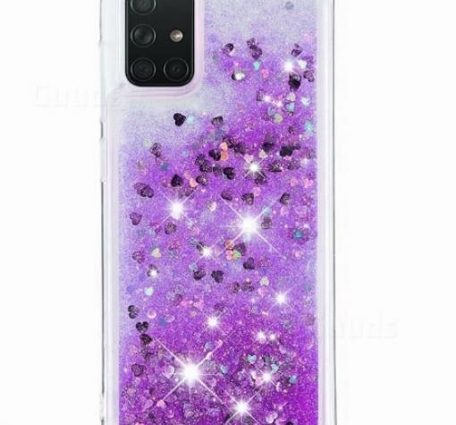 Луксозен твърд гръб 3D Water Case за Huawei Y5p - прозрачен / течен гръб с брокат / сърца / лилав — снимка 2
