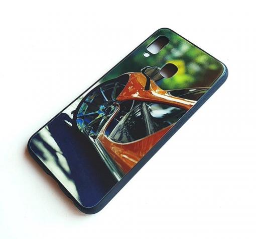 Луксозен стъклен твърд гръб за Samsung Galaxy A20e - оранжева кола — снимка 2