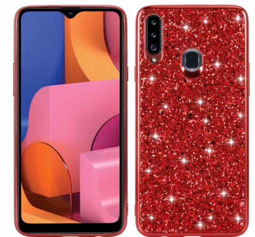 Луксозен твърд гръб за Samsung Galaxy A20s - червен / брокат
