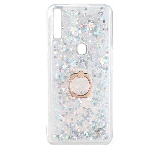 Луксозен твърд гръб 3D Water Case със стойка Ring за Samsung Galaxy A20s - прозрачен / течен гръб с брокат / сърца / сребрист