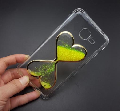 Силиконов калъф / гръб / TPU 3D за Samsung Galaxy A3 2016 A310 - прозрачен с жълт брокат / пясъчен часовник / сърца