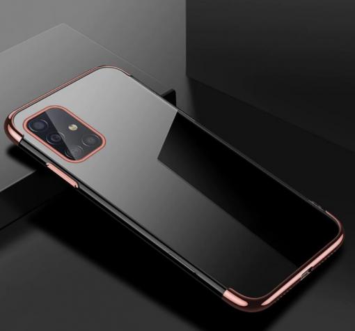 Луксозен силиконов калъф / гръб / TPU за Samsung Galaxy A41 - прозрачен / Rose Gold кант