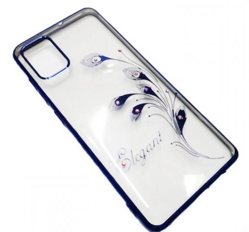 Луксозен силиконов калъф / гръб / TPU / Elegant с камъни за Huawei Y5p - прозрачен със син кант / перо