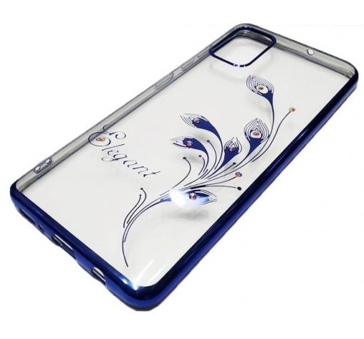 Луксозен силиконов калъф / гръб / TPU / Elegant с камъни за Huawei Y5p - прозрачен със син кант / перо — снимка 2