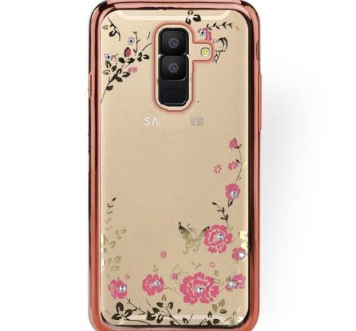 Луксозен силиконов калъф / гръб / TPU с камъни за Samsung Galaxy A6 Plus 2018 - прозрачен / розови цветя / Rose Gold кант — снимка 2
