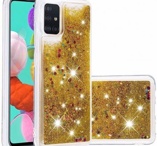 Луксозен гръб 3D Water Case за Samsung Galaxy A42 - прозрачен / течен гръб златист брокат