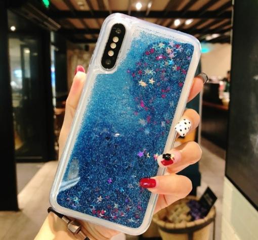 Луксозен твърд гръб 3D Water Case за Samsung Galaxy A7 2018 A750F - прозрачен / течен гръб със син брокат / звездички