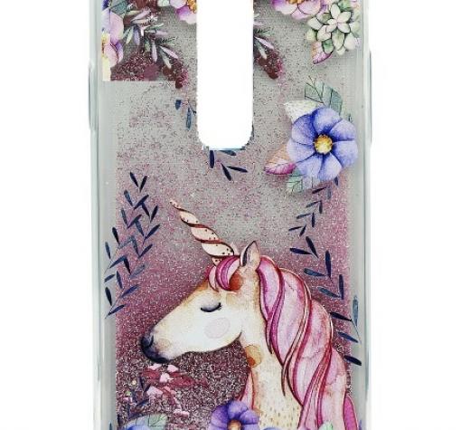 Луксозен твърд гръб 3D Water Case за Xiaomi Redmi 9 - течен гръб с розов брокат / Unicorn