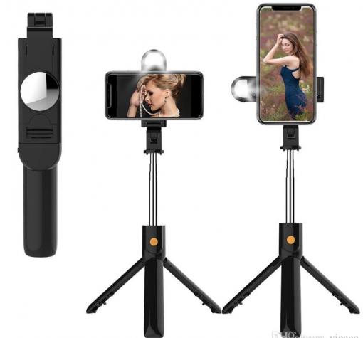 Безжичен блутут селфи стик K10-S, Трипод, Монопод, Огледало, LED светлина, Bluetooth remote