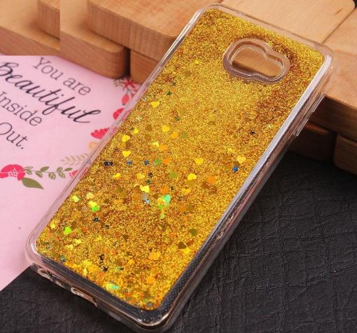 Луксозен твърд гръб 3D Water Case за Samsung Galaxy J4 Plus 2018 - прозрачен / течен гръб с брокат / златист