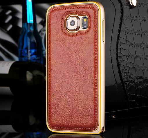 Метален бъмпер / Bumper / с кожен гръб за Samsung Galaxy S6 Edge G925 - кафяв