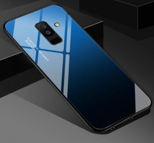 Луксозен стъклен твърд гръб за Samsung Galaxy A6 Plus 2018 - преливащ / синьо и черно