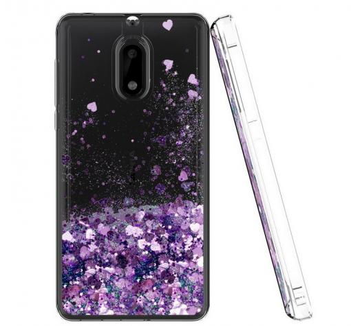 Луксозен твърд гръб 3D Water Case за Nokia 5.1 2018 - прозрачен / течен гръб с лилав брокат