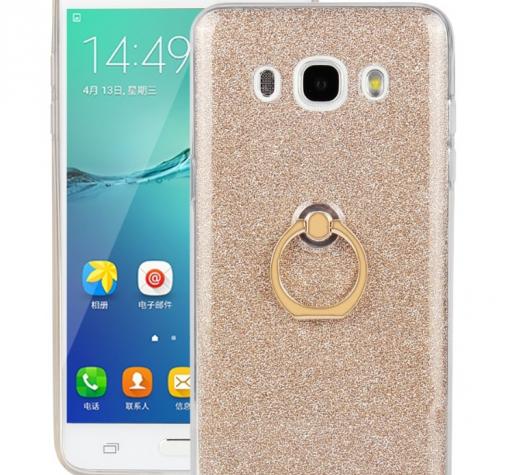 Луксозен силиконов гръб със стойка за Samsung Galaxy J5 2016 J510 - златист / брокат