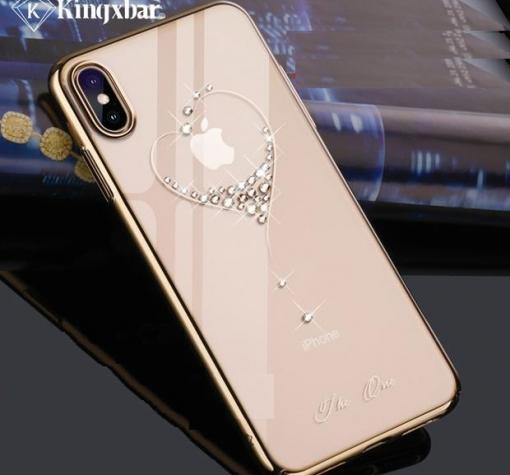 Луксозен гръб KINGXBAR Swarovski Diamond за Apple iPhone XS Max - прозрачен / златист кант / сърце