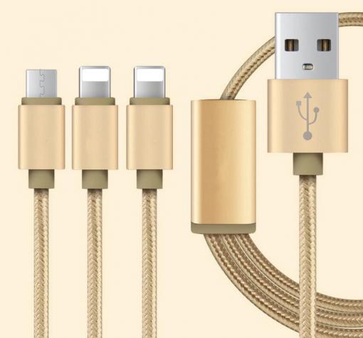 USB кабел 1.2М 3 в 1, Micro USB, Type C за Apple iPhone 6 / iPhone 6S - златист