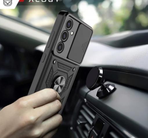 Удароустойчив гръб TPU кейс Slide Camera Case Magnetic Finger Ring Car Holder за Samsung Galaxy S21 FE - черен — снимка 3