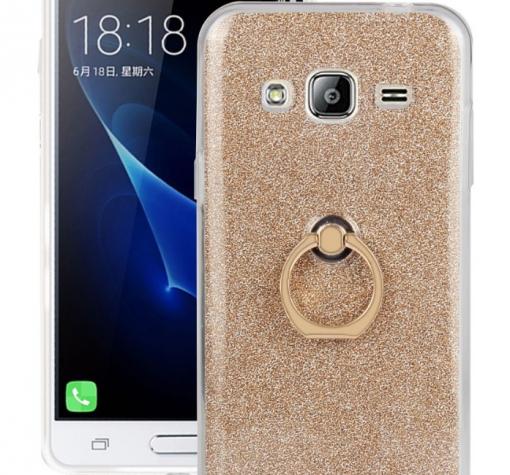Луксозен силиконов гръб със стойка за Samsung Galaxy J3 / J3 2016 J320 - златист / брокат