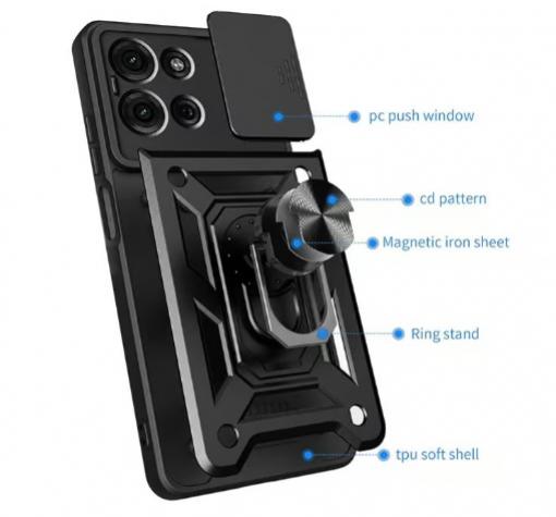 Удароустойчив гръб TPU кейс Slide Camera Case Magnetic Finger Ring Car Holder за Motorola Moto G75 - черен — снимка 3