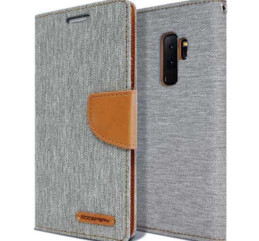 Луксозен кожен калъф Flip тефтер със стойка MERCURY Fancy Canvas за Samsung Galaxy A6 Plus 2018 - сив